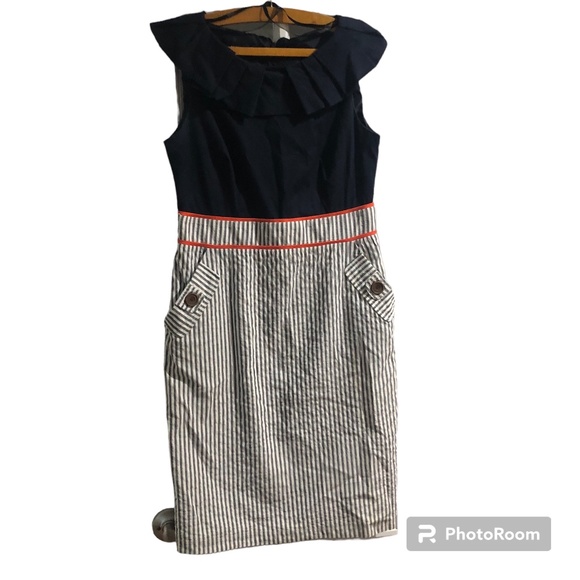 Ladies Alyssa Dress Navy Top Striped Skirt Red Piping Sleeveless - Picture 1 of 4